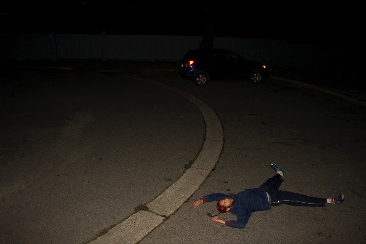 dorone at night, lying in the road