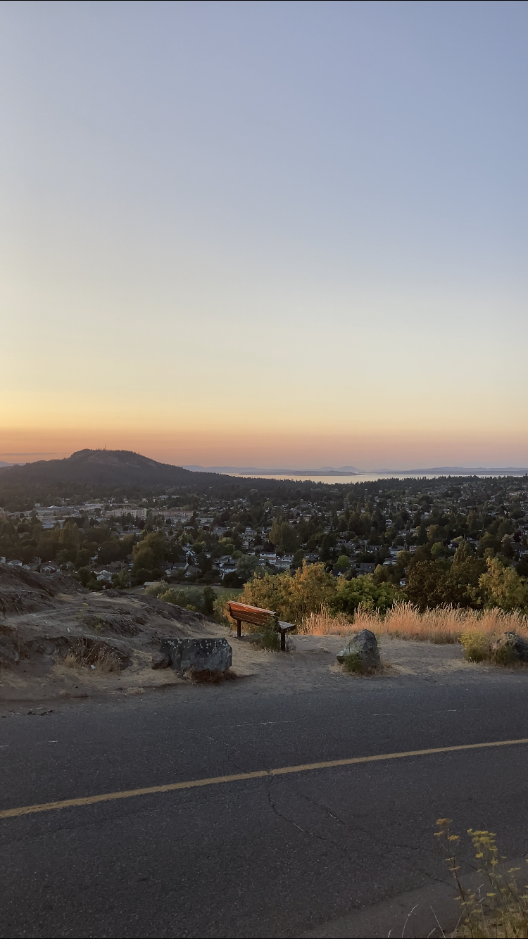 a lone bench sits on a hill at dusk, with another hill and ocean in the background, victoria, british columbia